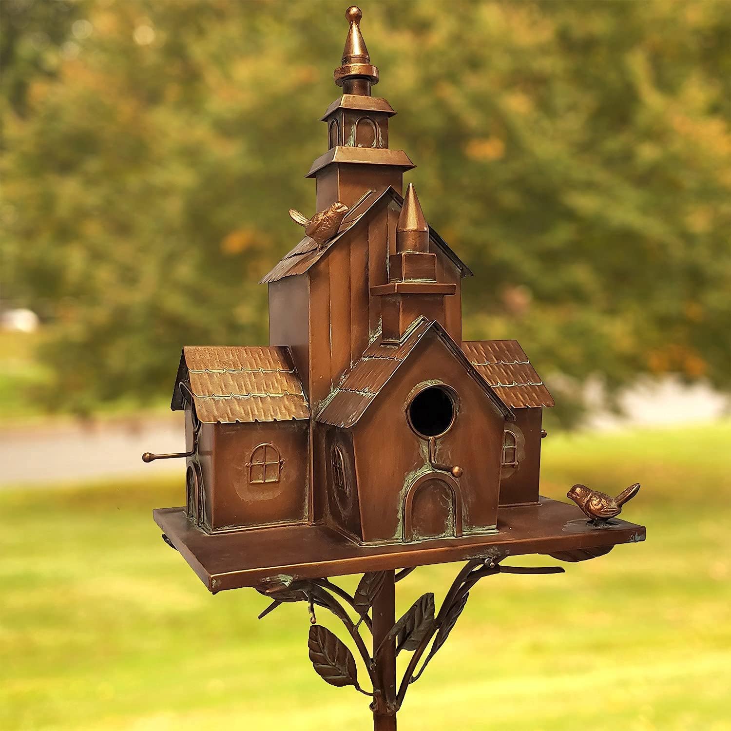 Zaer Ltd. Large Copper Colored Multi-Birdhouse Stakes, Room for 4 Bird Families in Each (Castle Home)