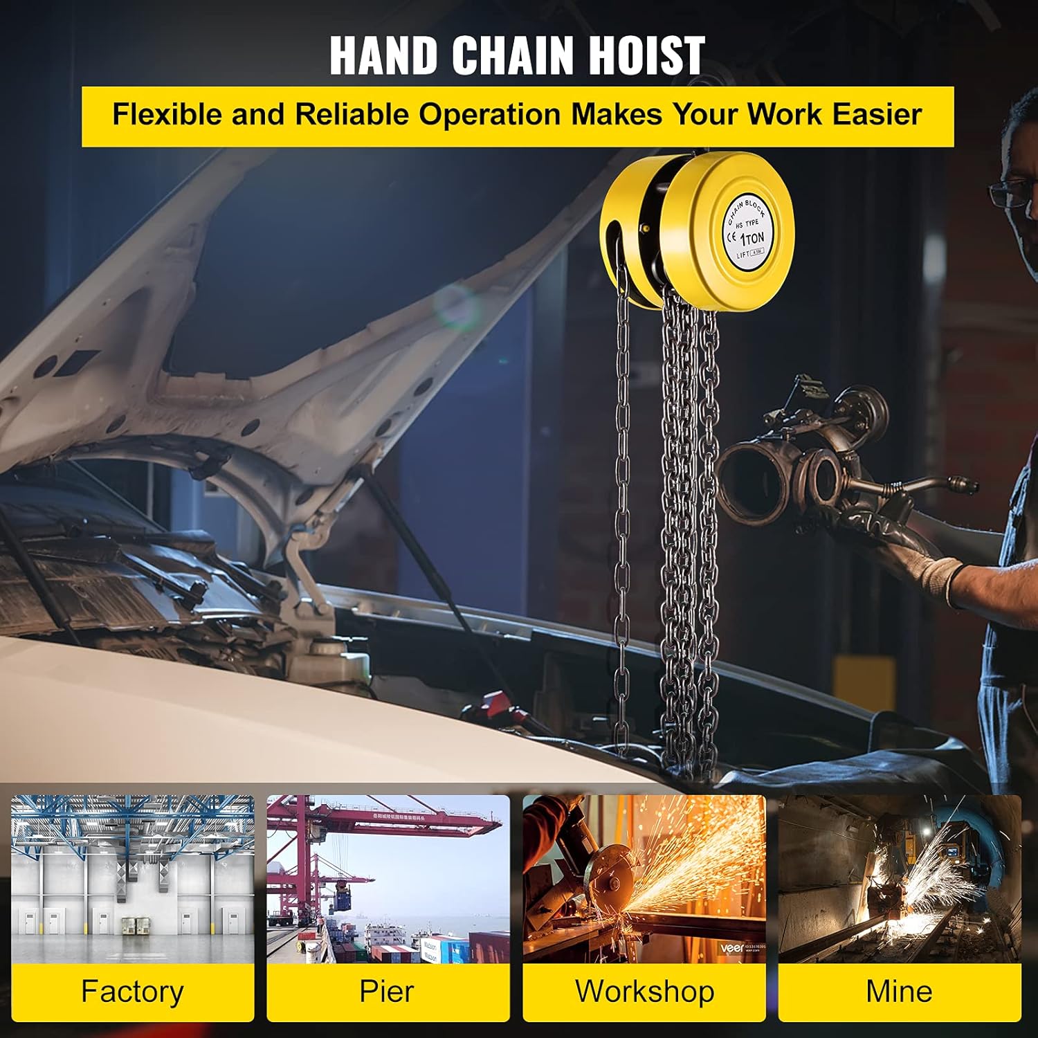 VEVOR Hand Chain Hoist, 2200 lbs /1 Ton Capacity Chain Block, 15ft/4.5m Lift Manual Hand Chain Block, Manual Hoist w/Industrial-Grade Steel Construction for Lifting Good in Transport & Workshop, Yell Pack of 2
