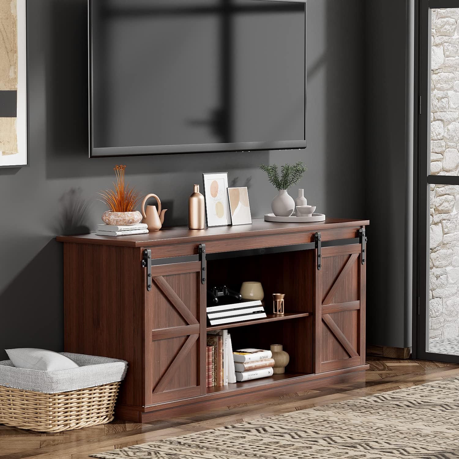 Modern Farmhouse TV Stand with Sliding Barn Doors and Storage Cabinets, Living Room Media Entertainment Center Console Table for TVs up to 65 Inch (Brown)