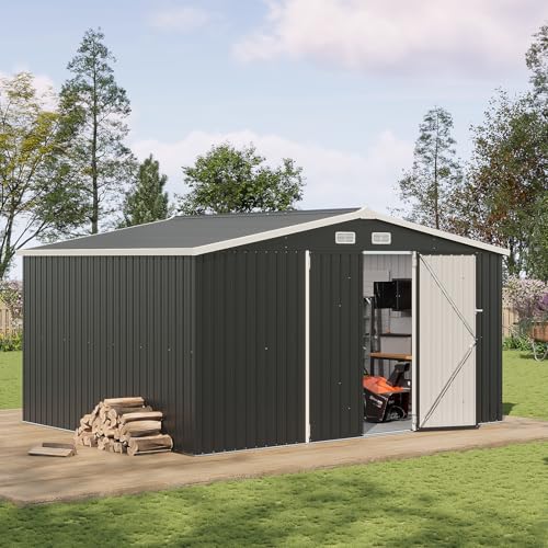 Aoxun 10 x 12FT Outdoor Storage Shed with Double Hinged Large Door Utility Garden Shed with Lockable Door & Sloped Roof Metal Sheds Outdoor Storage for Garden, Backyard, Patio and Backyard, Brown