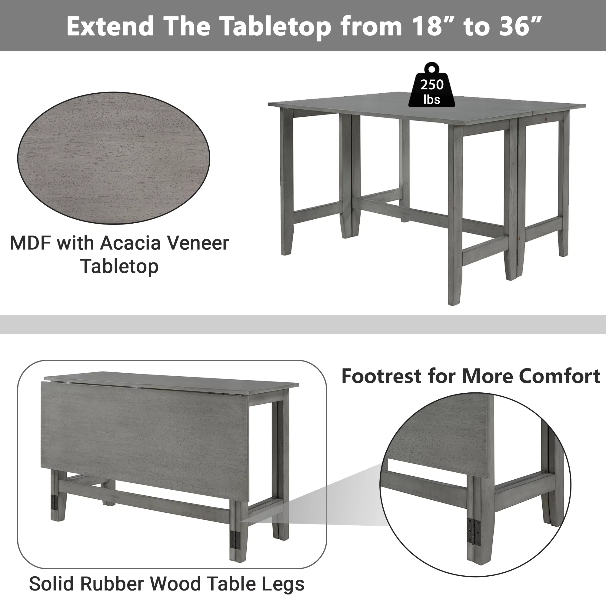 TOPMAX Farmhouse Wood Extendable Dining Table with Drop Leaf for Small Places, Gray