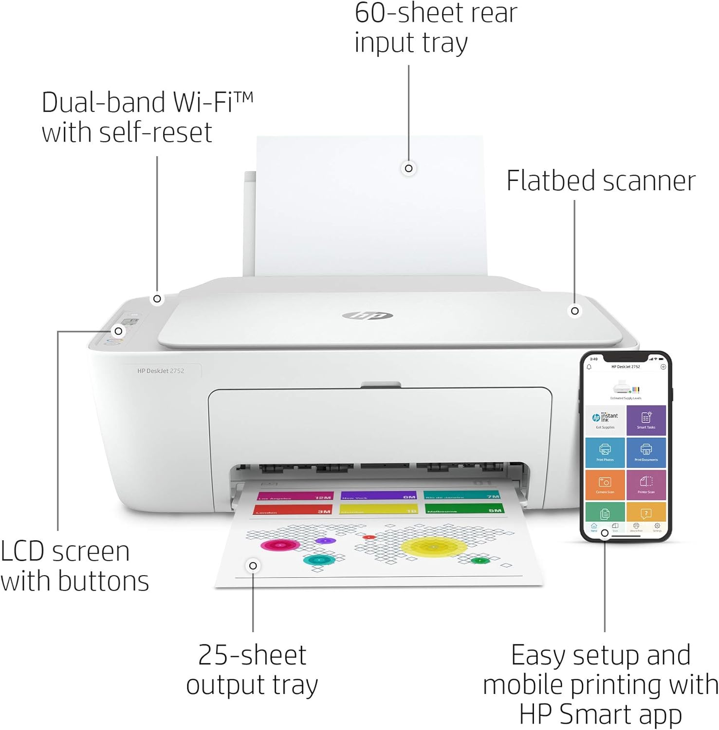 HP DeskJet 2752 Wireless All-in-One Color Inkjet Printer, Scan and Copy with Mobile Printing, 8RK11A (Renewed)