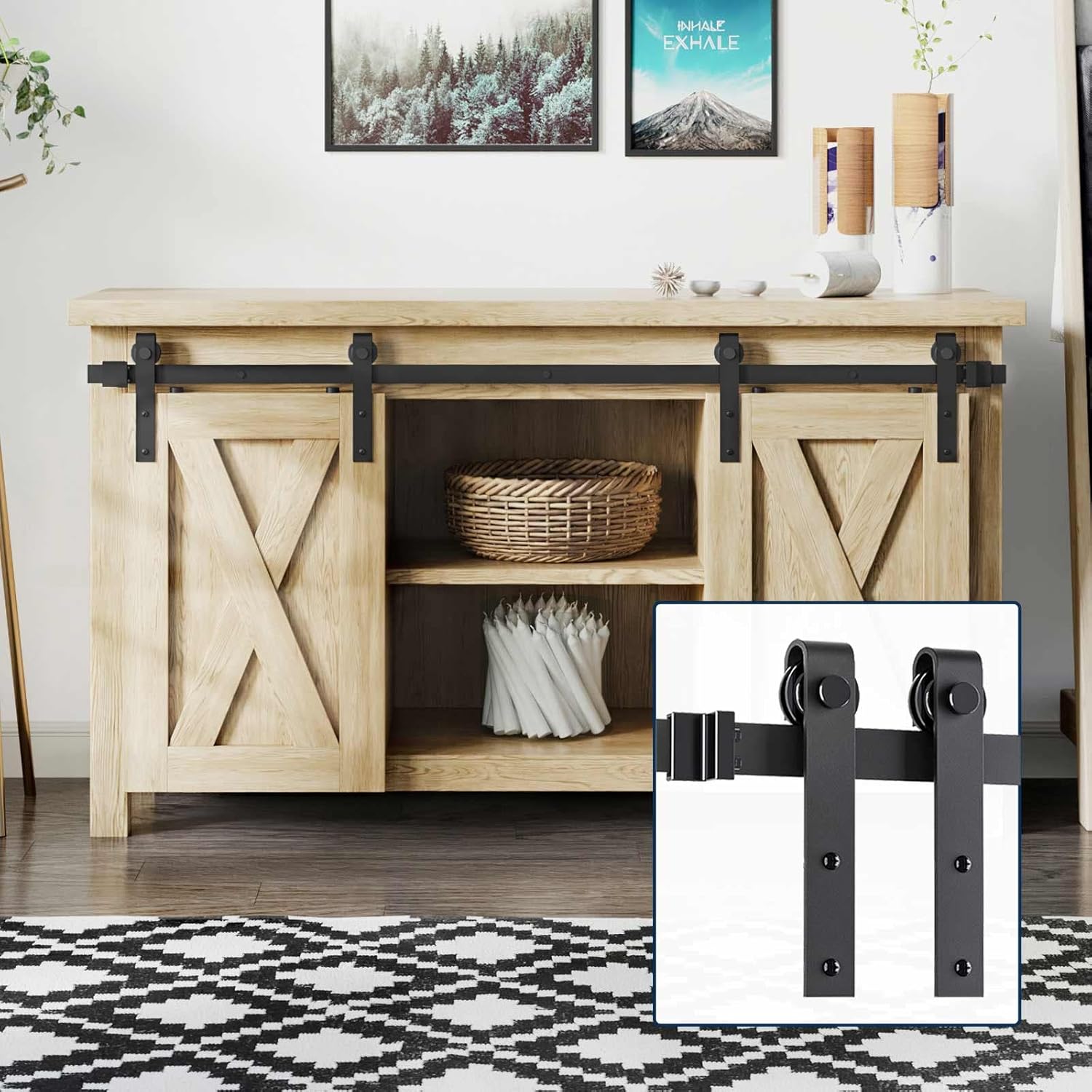 EaseLife 5 FT Cabinet Mini Sliding Double Barn Door Hardware Track Kit,Easy Install,Slide Smoothly Quietly,Apply for Storage Window TV Stand and Other Shielding (No Cabinet)