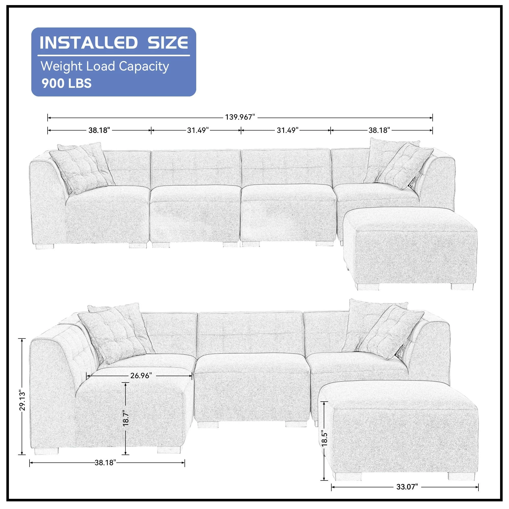 Kevinplus Convertible Sectional Sofa Fabric Couch with Chaise Reversible Corner Couch Furniture L-Shaped 5 Seater Sofas Bluish