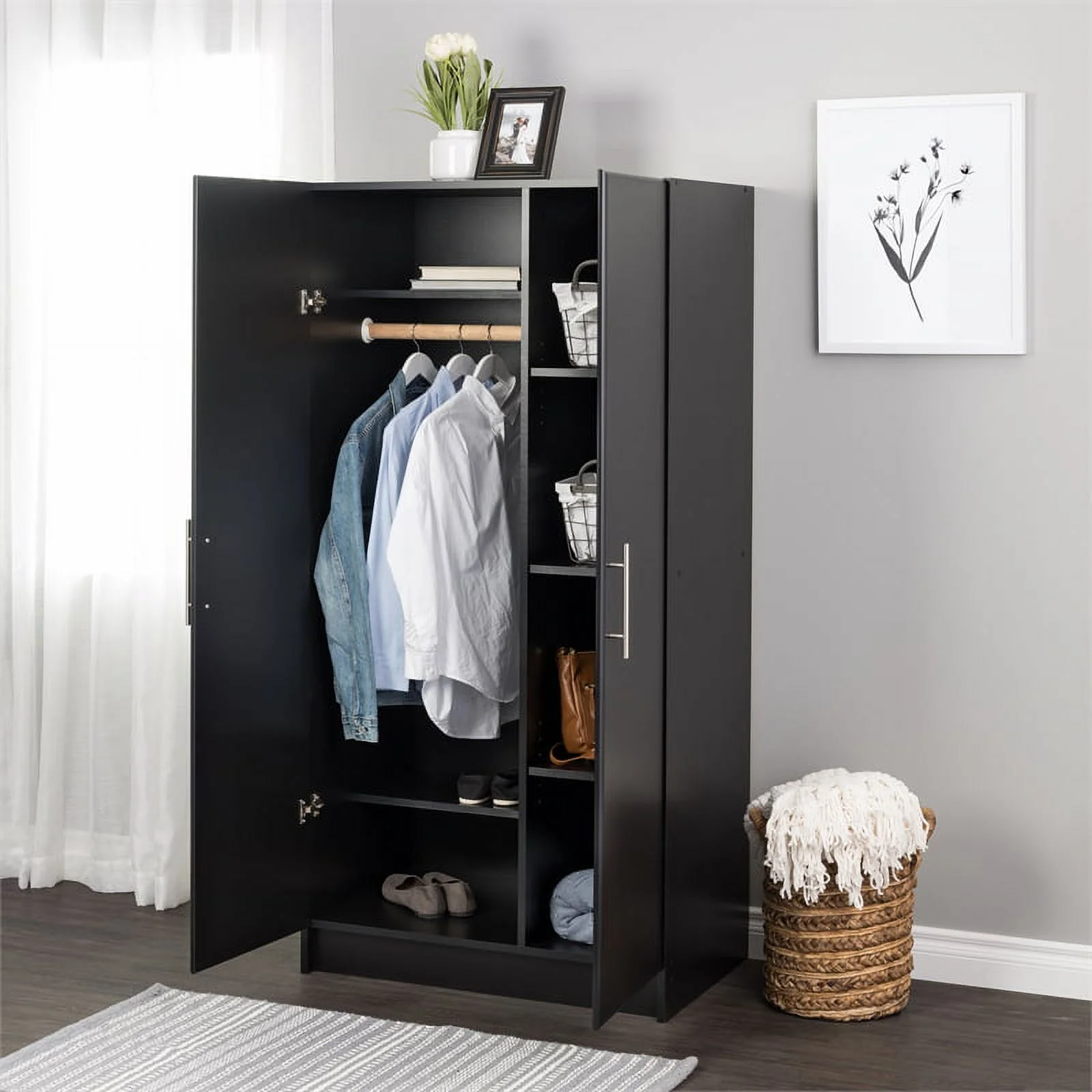 Prepac Elite 32" Storage Cabinet Armoire, Black Storage Cabinet, Linen Cabinet, Wardrobe Cabinet with Hanging Rail and Shelves 21" D x 32" W x 65" H, BESW-3264-K