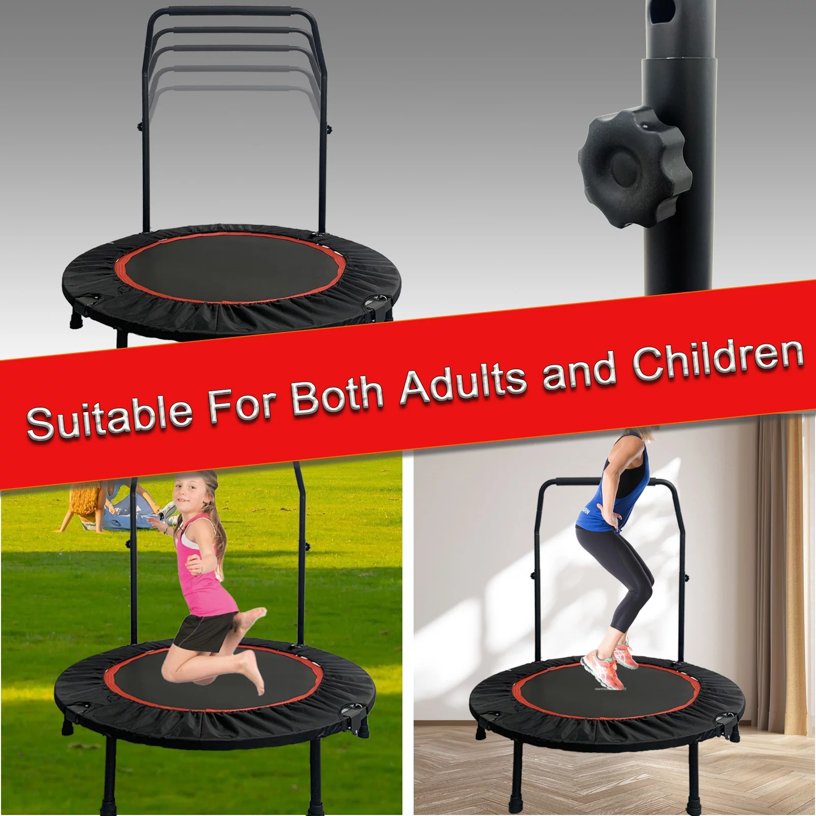 JSTUOKE 40 660lbs Fitness Mini Trampoline, Exercise Rebounder Mini Trampoline for Adults, Foldable with Adjustable Handle and 6 Support Legs
