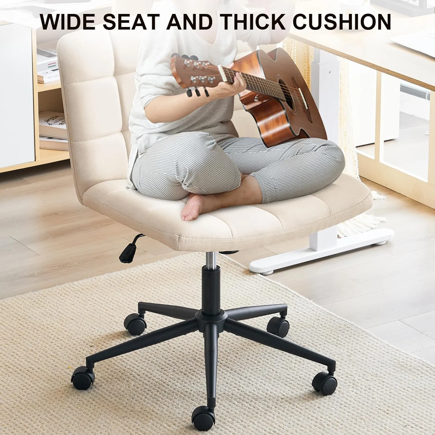 Wide Armless Desk Chair with Wheels, Mid Back Swivel Criss Cross Chair for Home Office, Height Adjustable Wide Seat Home Office Task Chairs, Beige