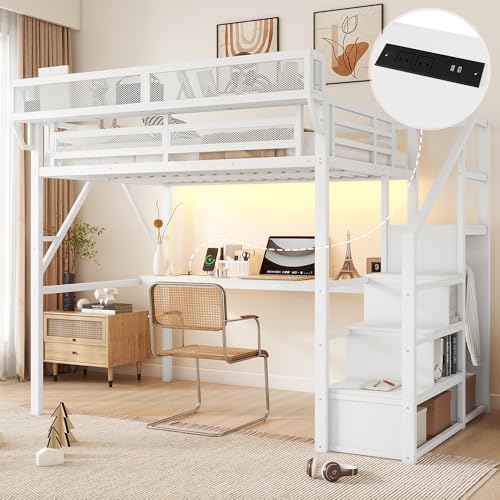 Full Size Loft Bed with Stairs and Storage, Metal Loft Bed Frame with Bedside Shelf and Large Under-Bed Space, Heavy-Duty Bed for Adults Teens and Kids, Black