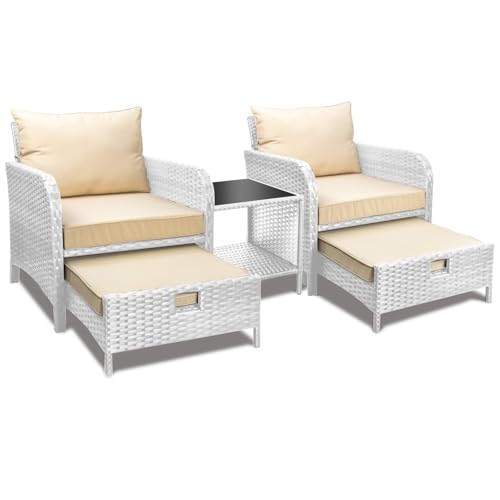 LEVELEVE Balcony Furniture 5 Piece Patio Conversation Set, PE Wicker Rattan Outdoor Lounge Chairs with Soft Cushions 2 Ottoman&Glass Table for Porch, Lawn-Brown Wicker