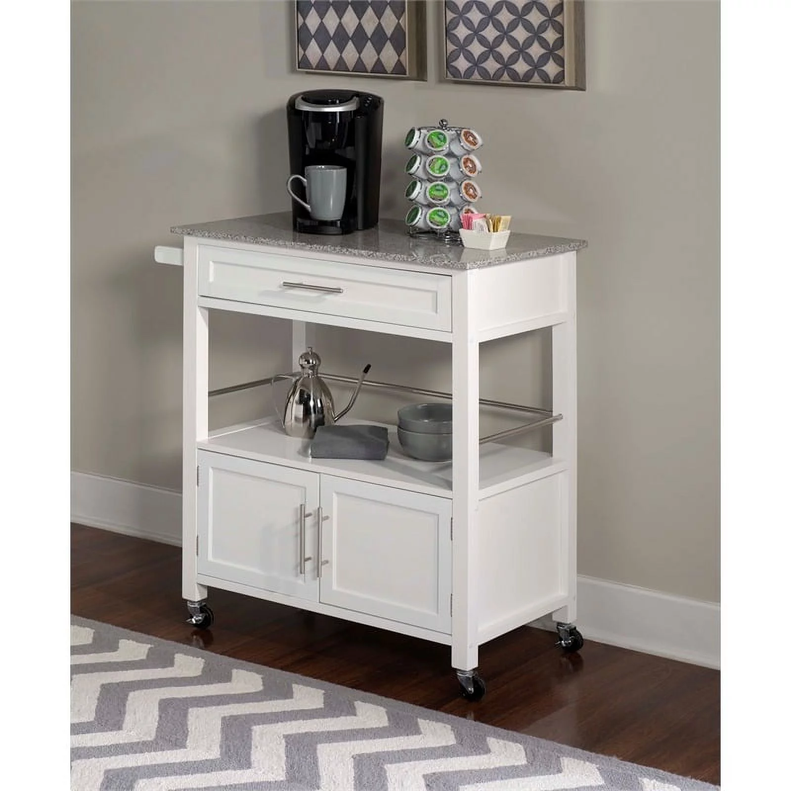 Riverbay Furniture Transitional Wood/Granite-Top Kitchen Cart in Bright White