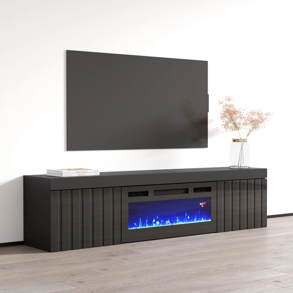 Knoxville BL-EF Floating Fireplace TV Stand for TVs up to 80", Modern High Gloss 71" Entertainment Center, Wall Mounted Electric Fireplace TV Media Console with Storage Cabinets