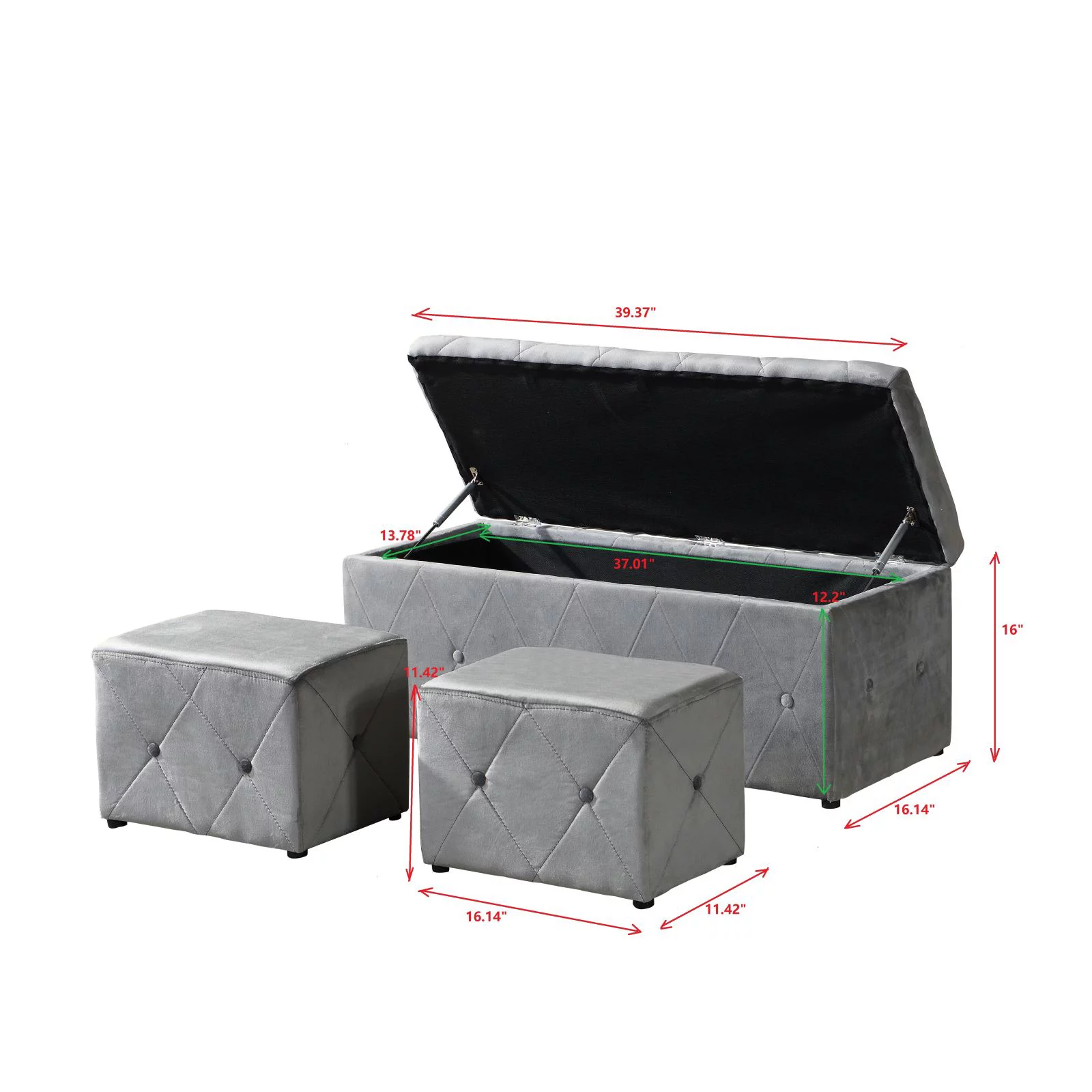 3 Set Rectangular Velvet Ottoman Storage - 40" Extra Large End of Bed Storage Box with Lids - 2 Set 15" Footstool, Fabric Linen Bench Window Couch Seat for Hold up to 660lb - Gray