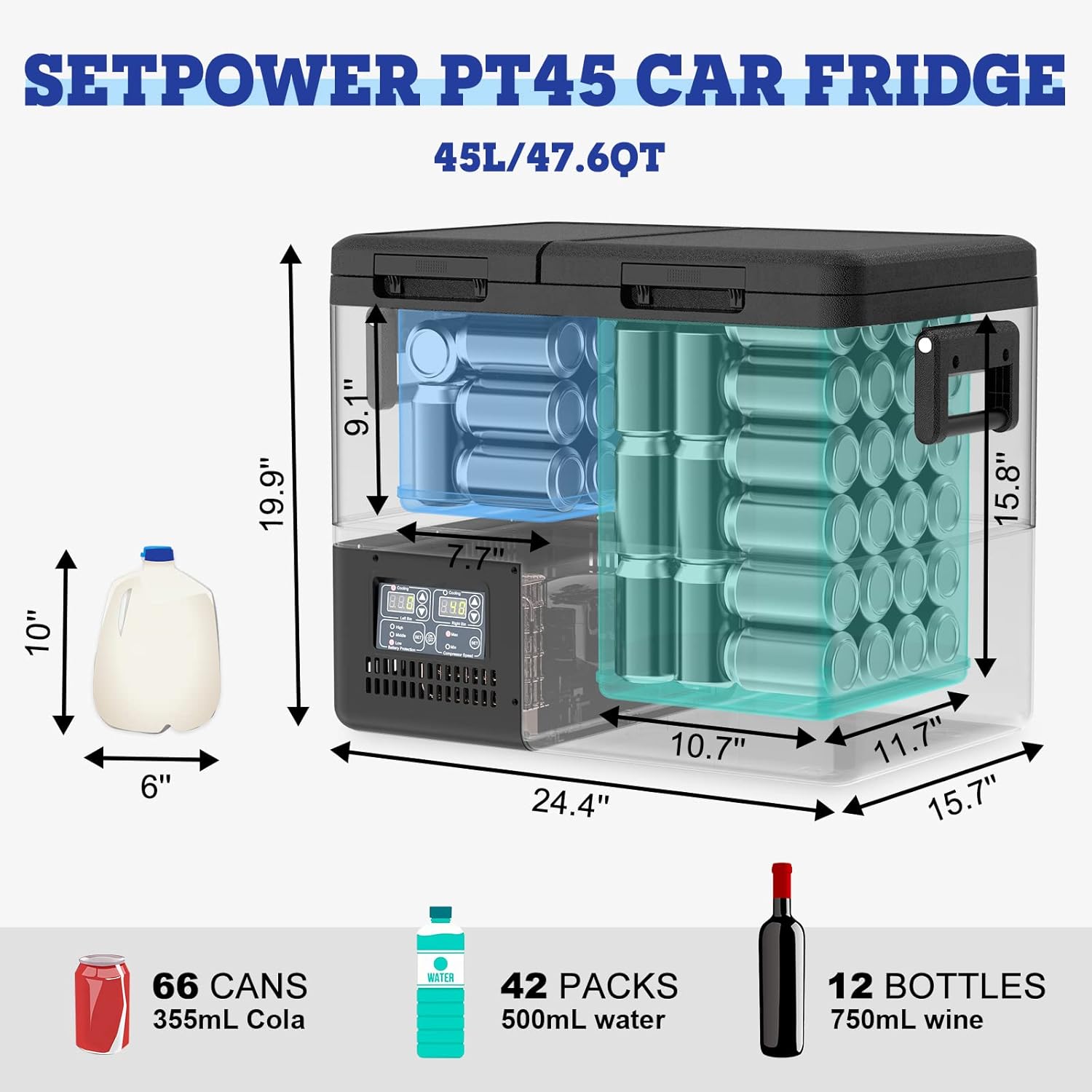 Setpower PT45 Electric Cooler Car Refrigerator With Cover,45L Dual Zone Portable Freezer Fridge,Portable Car Fridge,12 Volt Refrigerator for Car,RV,Truck,Vehicles,Travel and Home Use