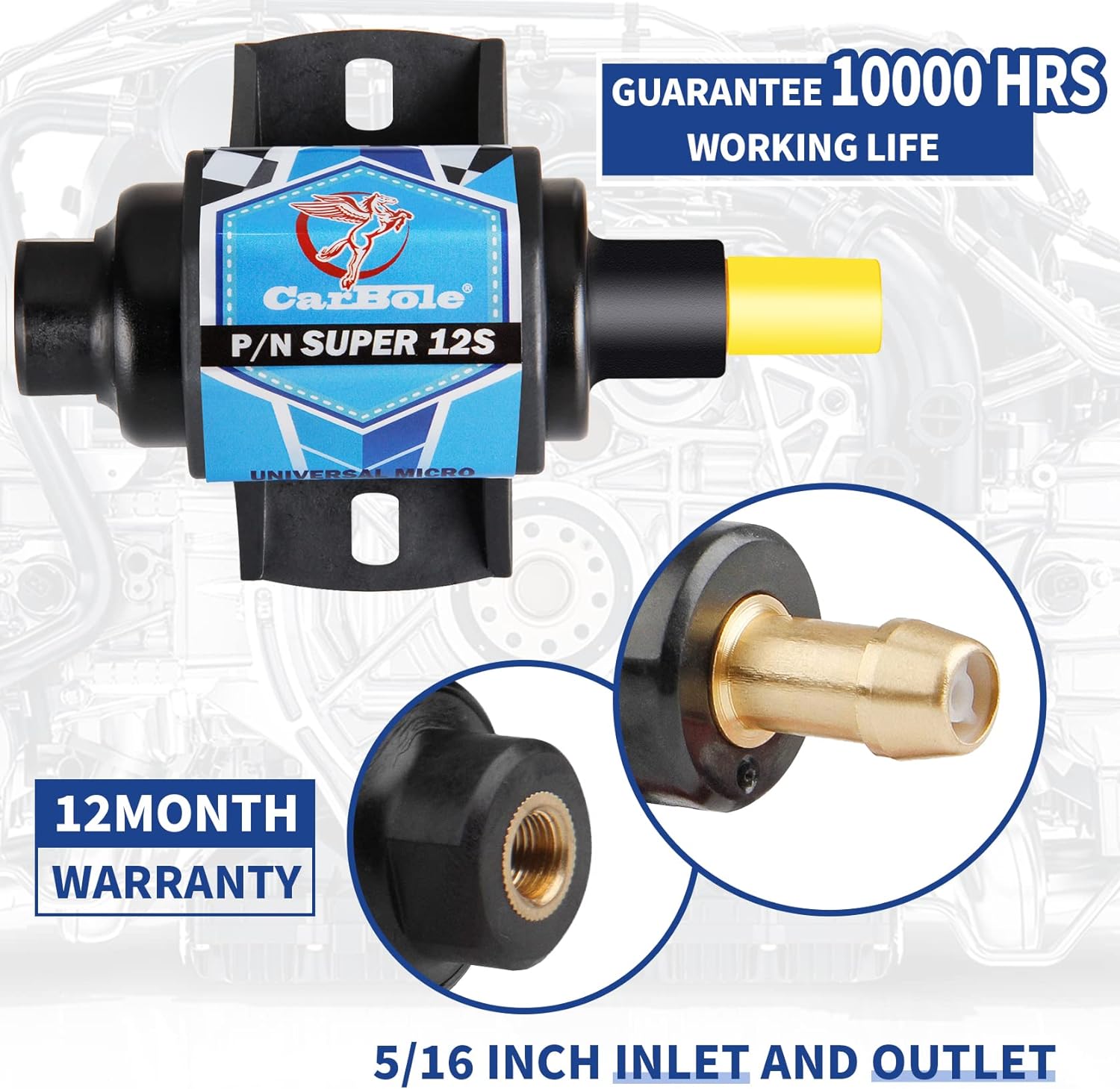CarBole Universal 12 Volt Electric Fuel Pump 5-9 PSI, 35GPH, Super 12S for Gasoline Engines