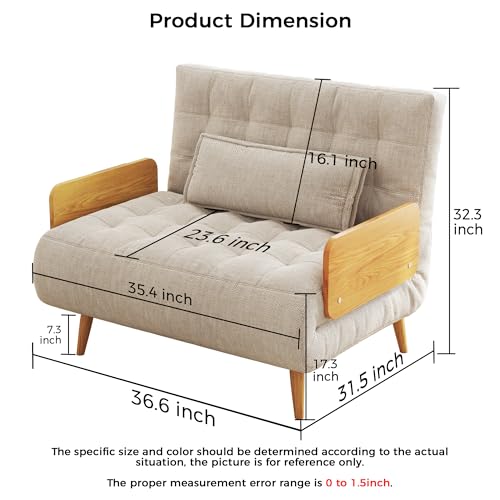 3-in-1 Convertible Chair Bed Sleeper for Adults, Linen Convertable Sleeper Chair with Wooden Arms & Pillows, Foldable Single Futon Sofa Bed (Mid Century with Walnut Arm, 36.6" Wide)