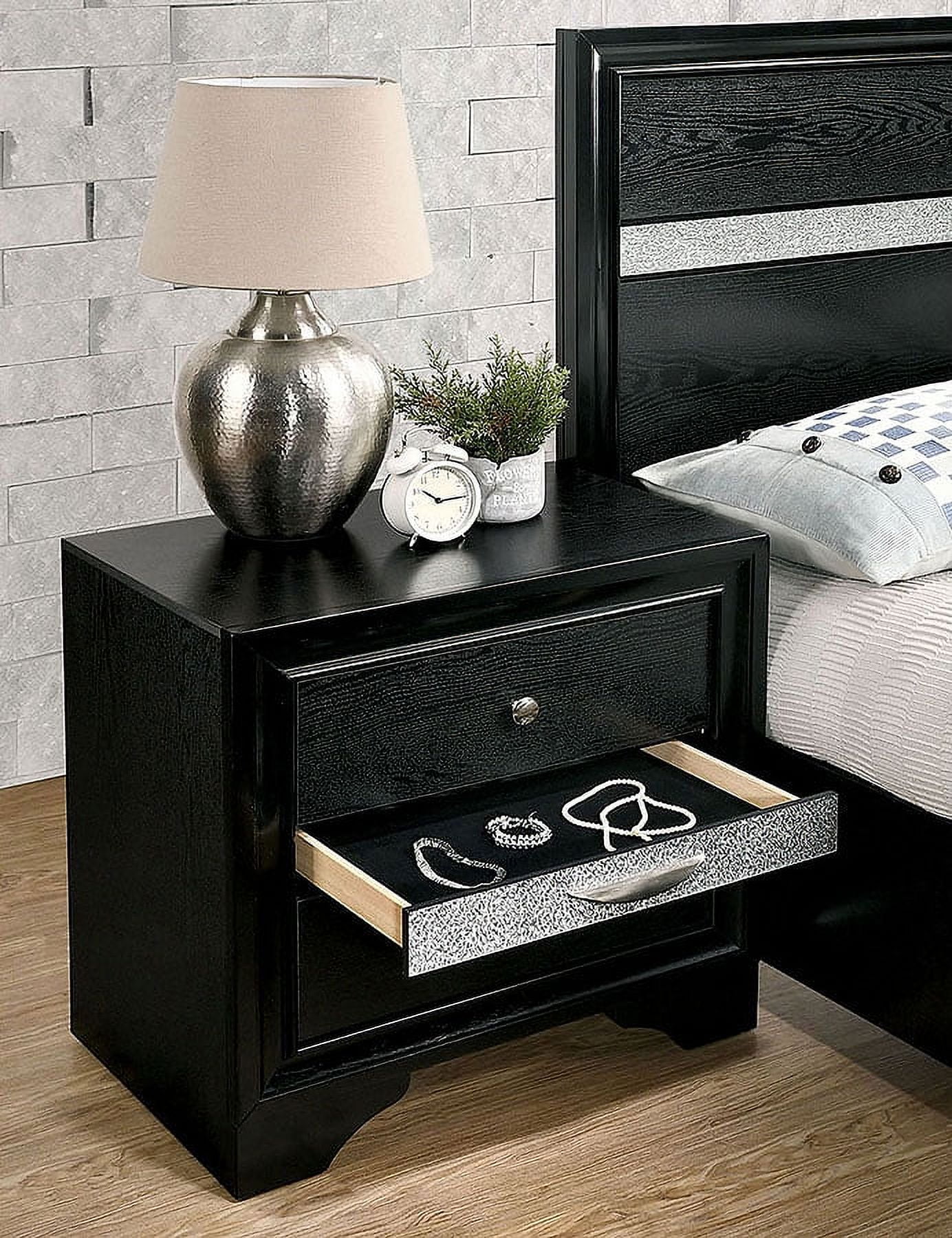 Black Classic Queen Size Bed Panel HB Dresser Nightstand w Jewelry Tray Mirror 4pc Set Solid Wood Bedroom Furniture