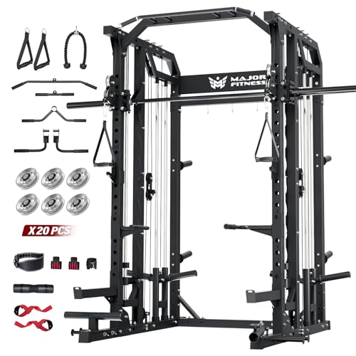 Major Fitness Drone2 Advanced Training Smith Machines– All-in-One Home Gym Squat Rack with Aluminum Pulley Set , Weight Bar, Dual LAT Pull-Down Systems & Cable Crossover Machine for Full-Body Workouts