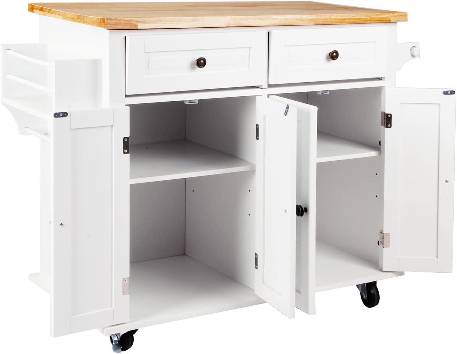 soges Rolling Kitchen Island Cart with Storage, Wood Trolley Cart with Spice and Towel Rack, Mobile Kitchen Storage Cabinet Island Table on Wheels, Serving Cart with Cabinet and Drawers,FZSR-HT01WT