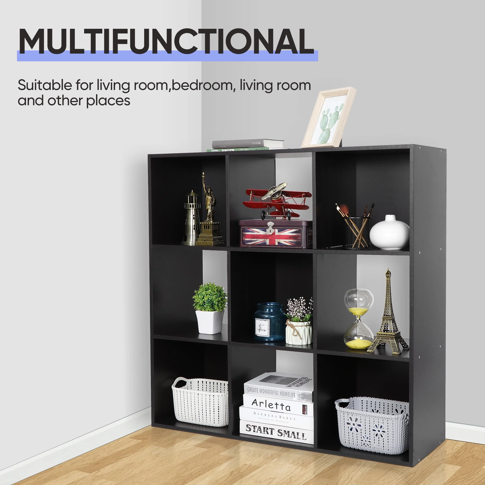 ZENY 9 Cubes Wooden Cube Organizer Bookcase Cubecials Cabinet Storage (Black)