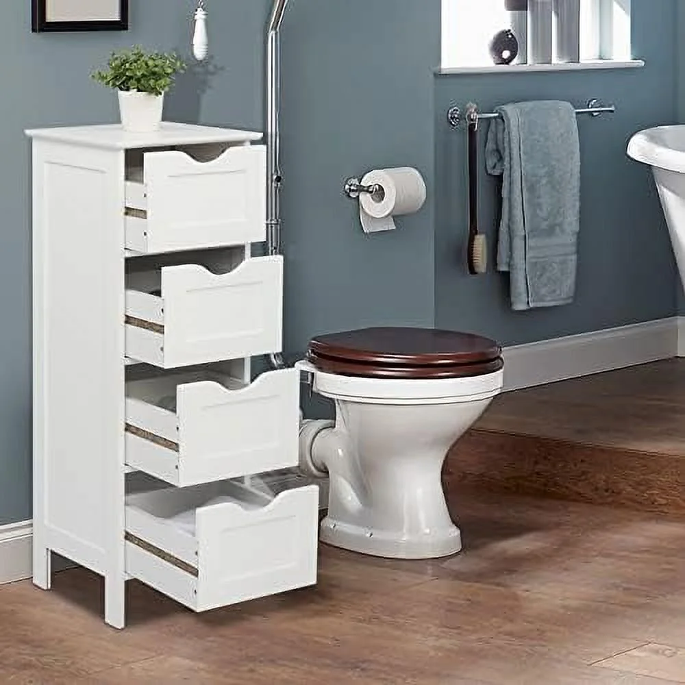 HBBOOMLIFE Bathroom Floor Cabinet  Freestanding Bathroom Cabinet with 4 Drawers  Side  Cabinet for Bathroom  Living Room  Bedroom (White  11.8" W x 11.8" D x 32.3" H) - Curated Treasures Market
