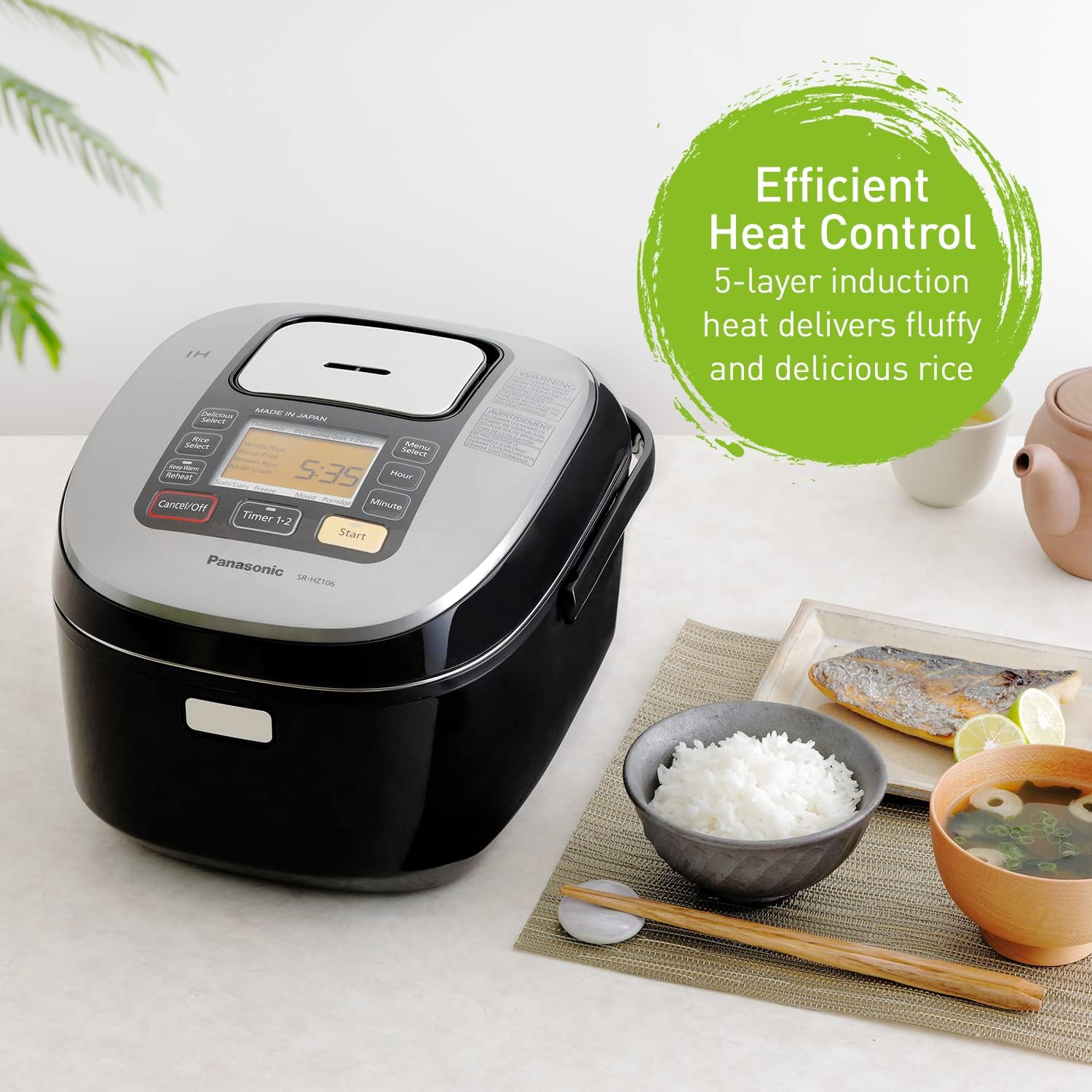Panasonic 5 Cup (Uncooked) Japanese Rice Cooker with Induction Heating System and Pre-Programmed Cooking Options for Brown Rice, White Rice, and Porridge or Soup - 1.0 Liter - SR-HZ106 (Black)