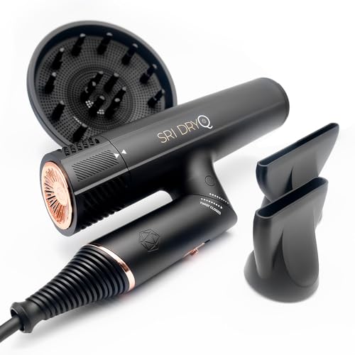DryQ Smart Hair Dryer from SRI | Infrared and Ionic Technology - Lightweight + Foldable - Powerful + Quiet - 3 Magnetic Attachments - Heat Control with Locking Switch