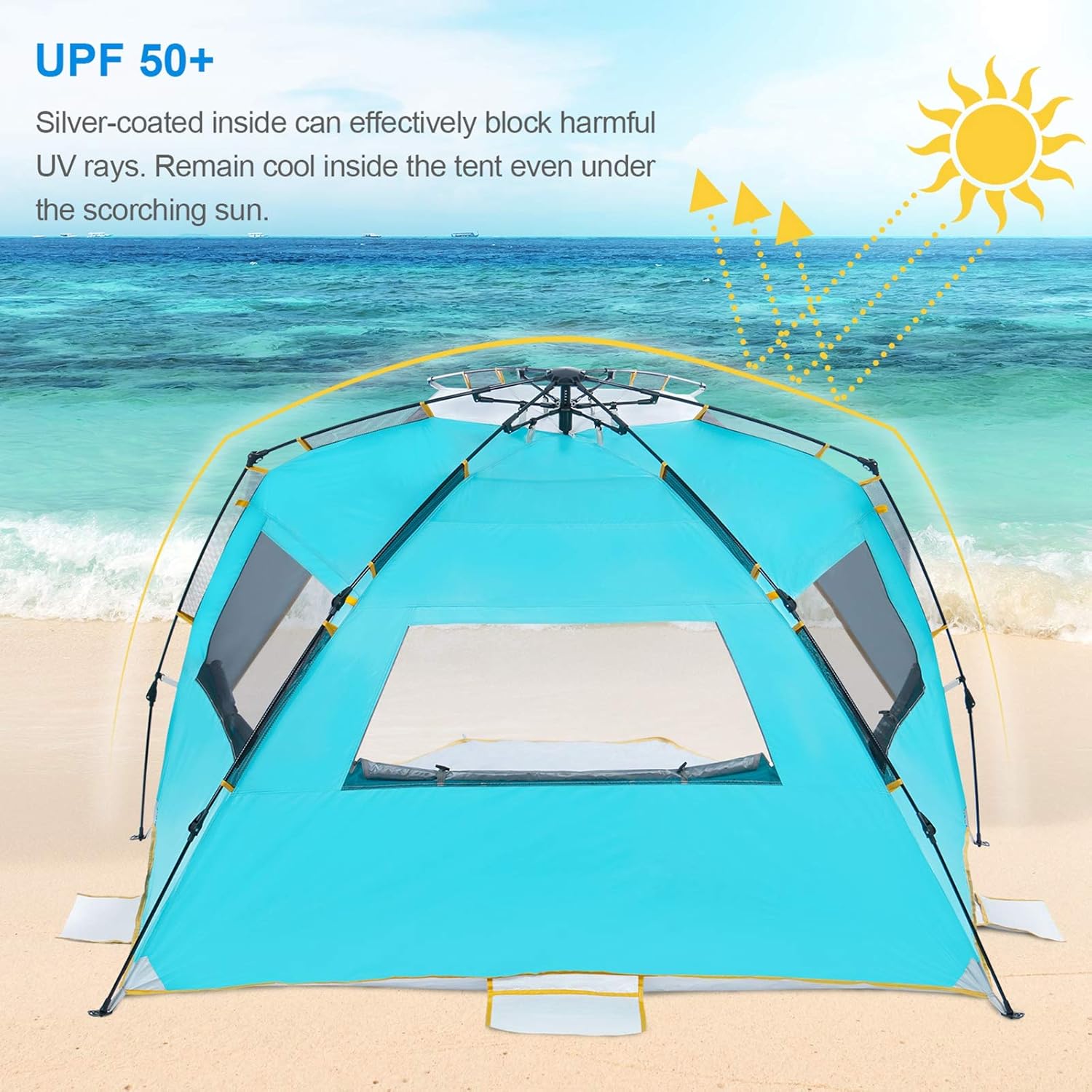 WolfWise 3-4 Person Easy Up Beach Tent UPF 50+ Portable Instant Sun Shelter Canopy Umbrella with Extended Zippered Porch