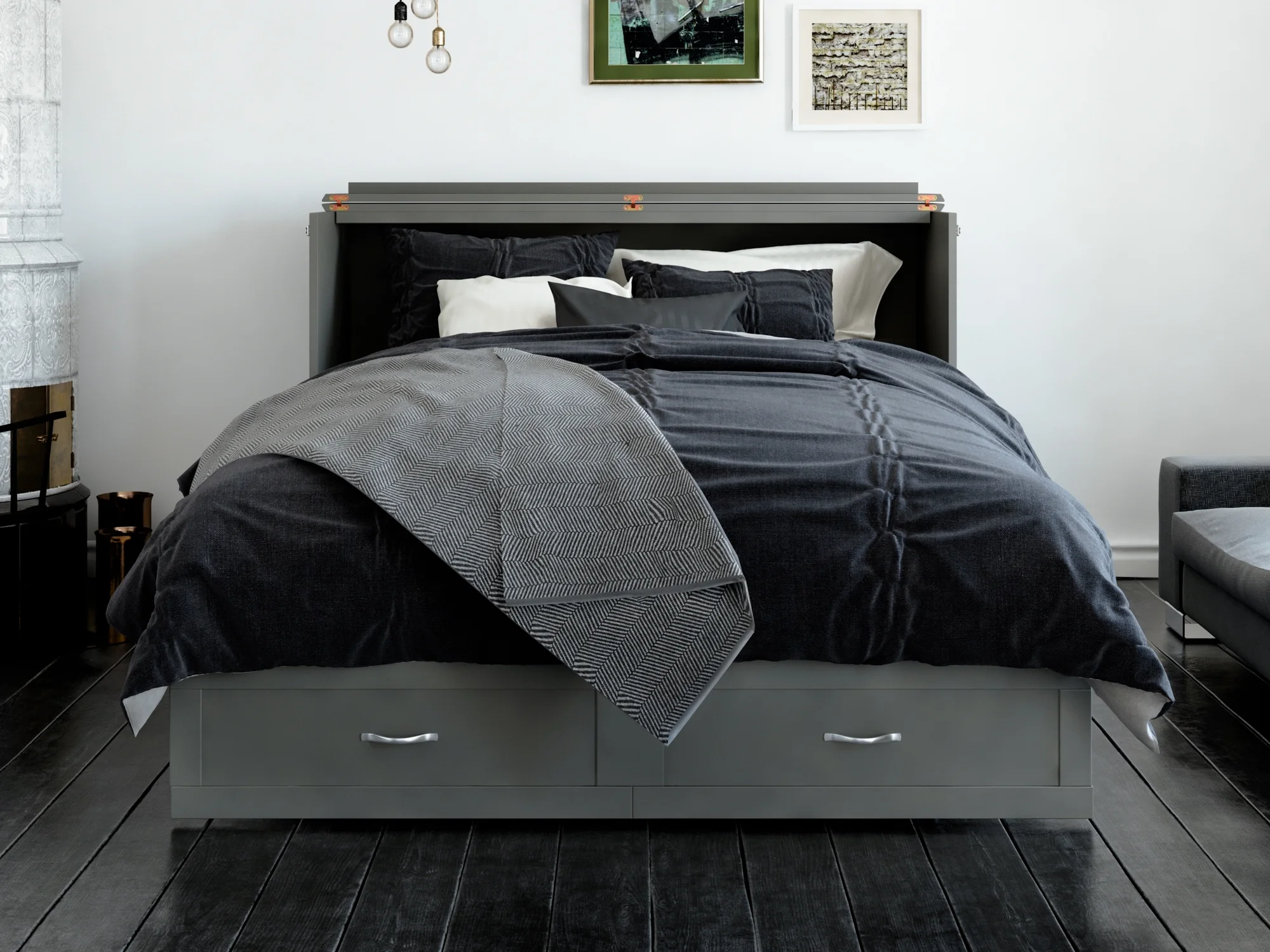 AFI Hamilton Queen Solid Wood Murphy Bed Chest with Mattress, Drawer and Charger in Gray