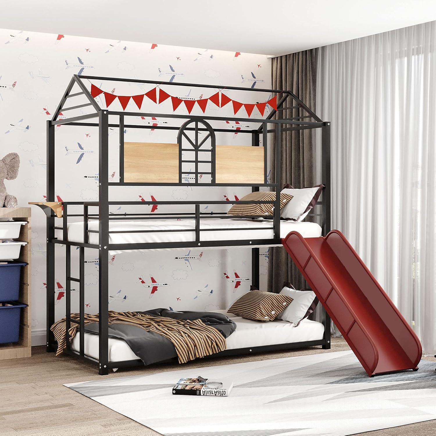 KLMM Twin Over Twin Metal Bunk Bed with Slide and Integrated Ladder, Housebed Bunk Bed for Kids Toddlers, Can be Decorated with Mosquito nets (Black with Black Slide)