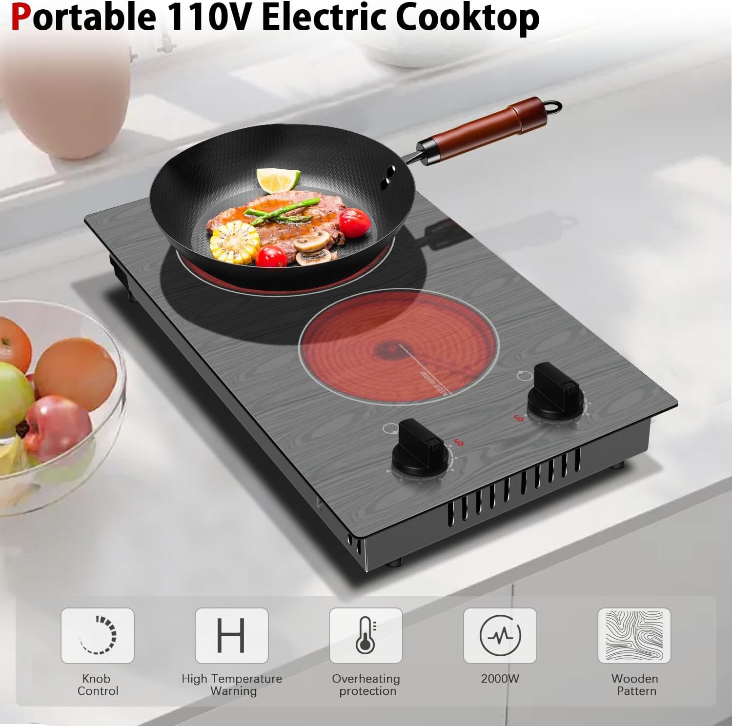 Karinear Electric Cooktop 2 Burners, 110v Portable Electric Stove Top with Knob, Glass Cooktop, Beautiful Woodgrain Pattern, Built-in and Countertop Electric Ceramic Cooktop, 12 Inch, 110v Outlet Plug