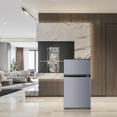 Saeoola Mini Fridge with Freezer, 3.2 Cu.Ft, 2 Doors Compact Mini Refrigerator with Separate Freezer for Dorm, Bedroom, Office, Apartment with 7-Level Temperature Control, Removable Shelves