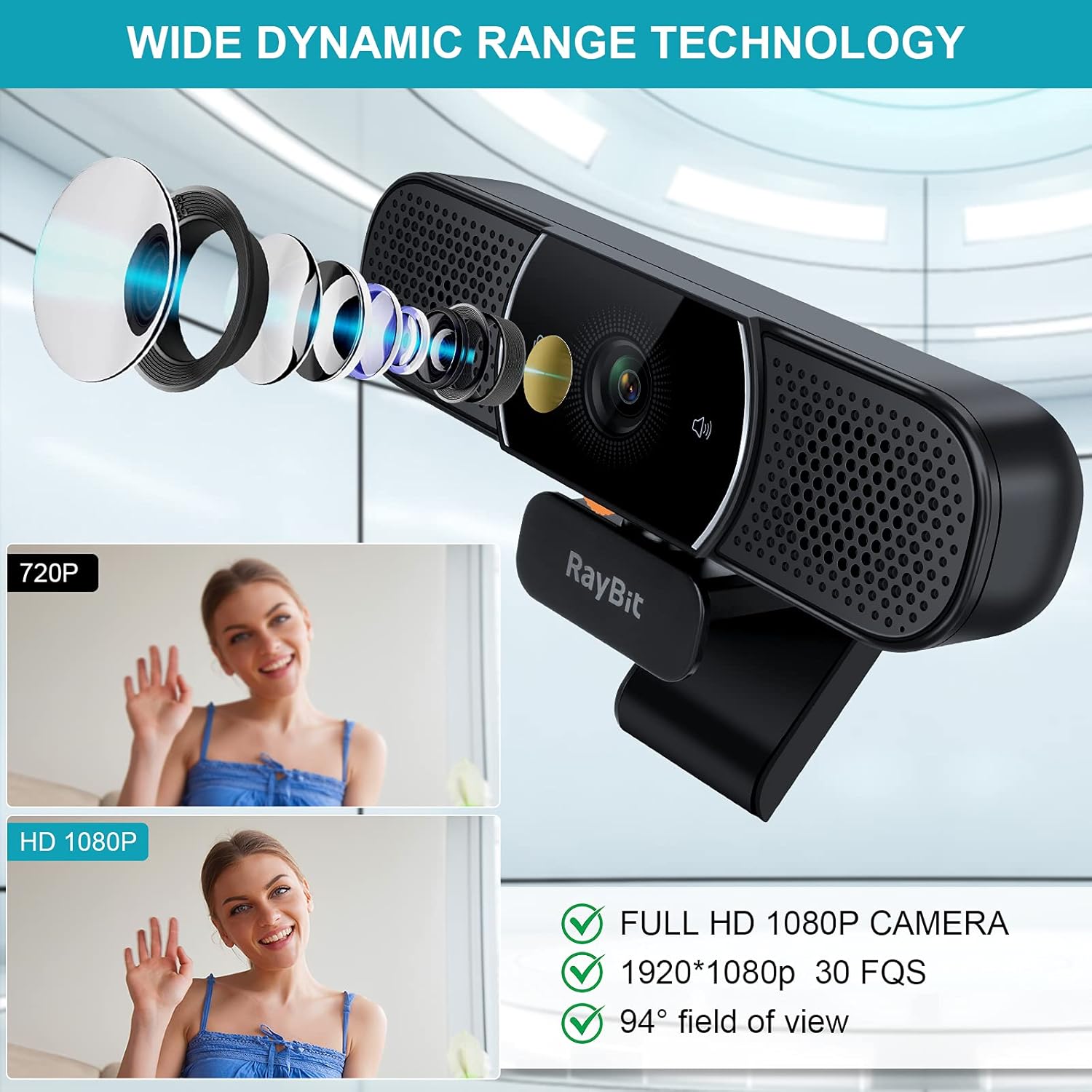 3 in 1 Webcam - Webcam with Microphone and Speaker, Professional Hi-Fi Speakers & Noise Reduction Mic Arrays, Built-in Privacy Cover & w/Light Correction & Autofocus Conference Computer Camera Pack of 2