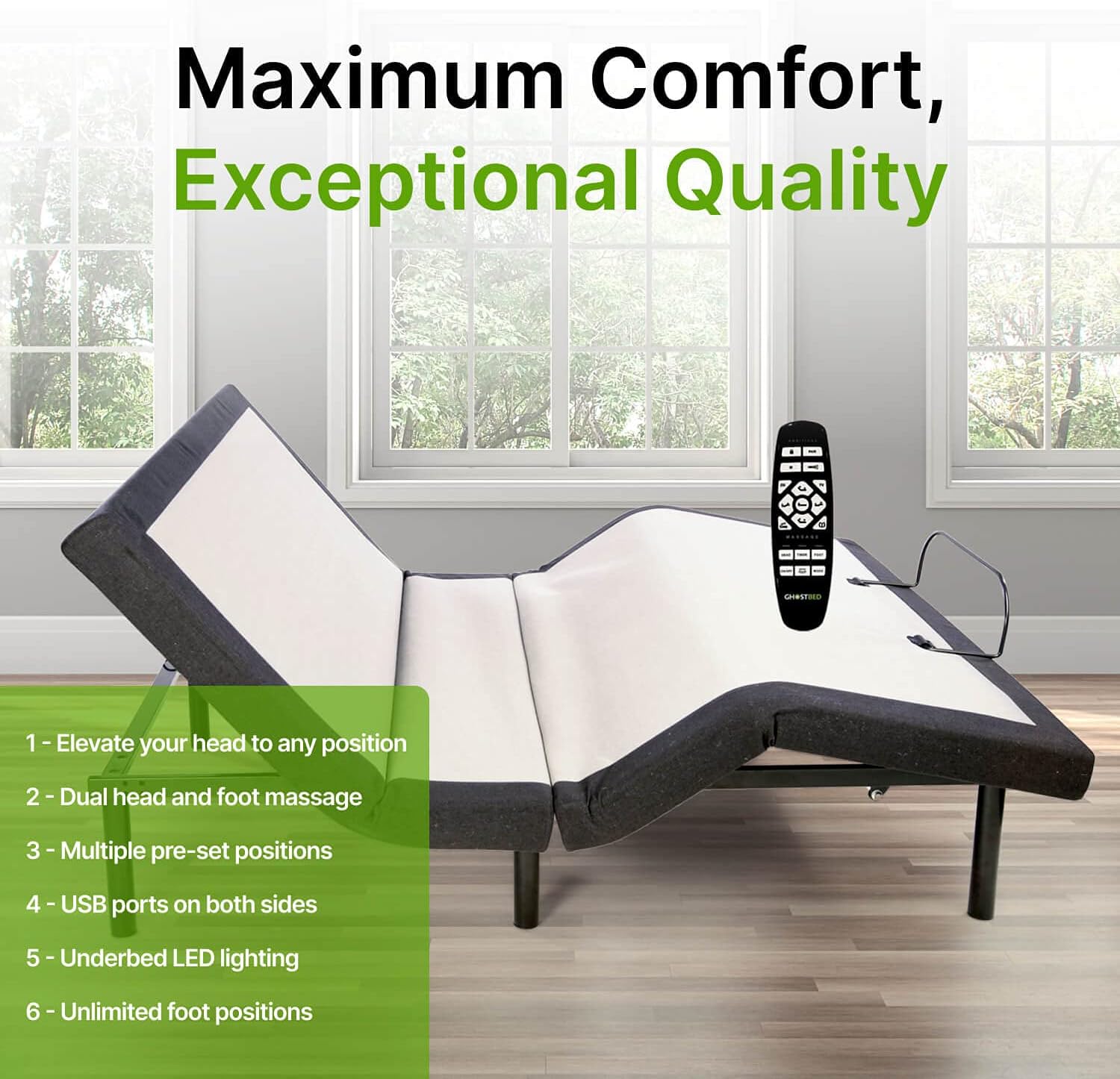 GhostBed Adjustable Bed Frame & Power Base with Wireless Remote, Zero Gravity & Massage Settings, USB Ports, Twin XL