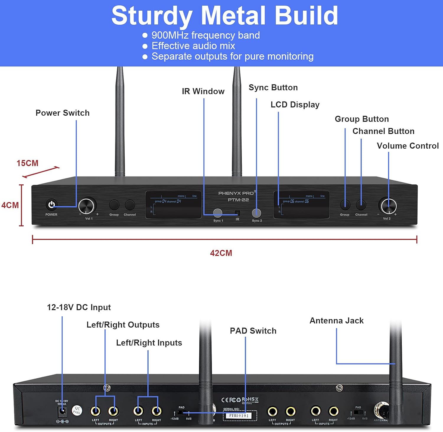 Phenyx Pro UHF Mono Dual Wireless in-Ear Audio Monitor System, Metal Transmitter, Sturdy Bodypack Receiver, 2x50 Frequencies, Separate Outputs, 164ft Operation, Ideal for Band and Studio (PTM-22)