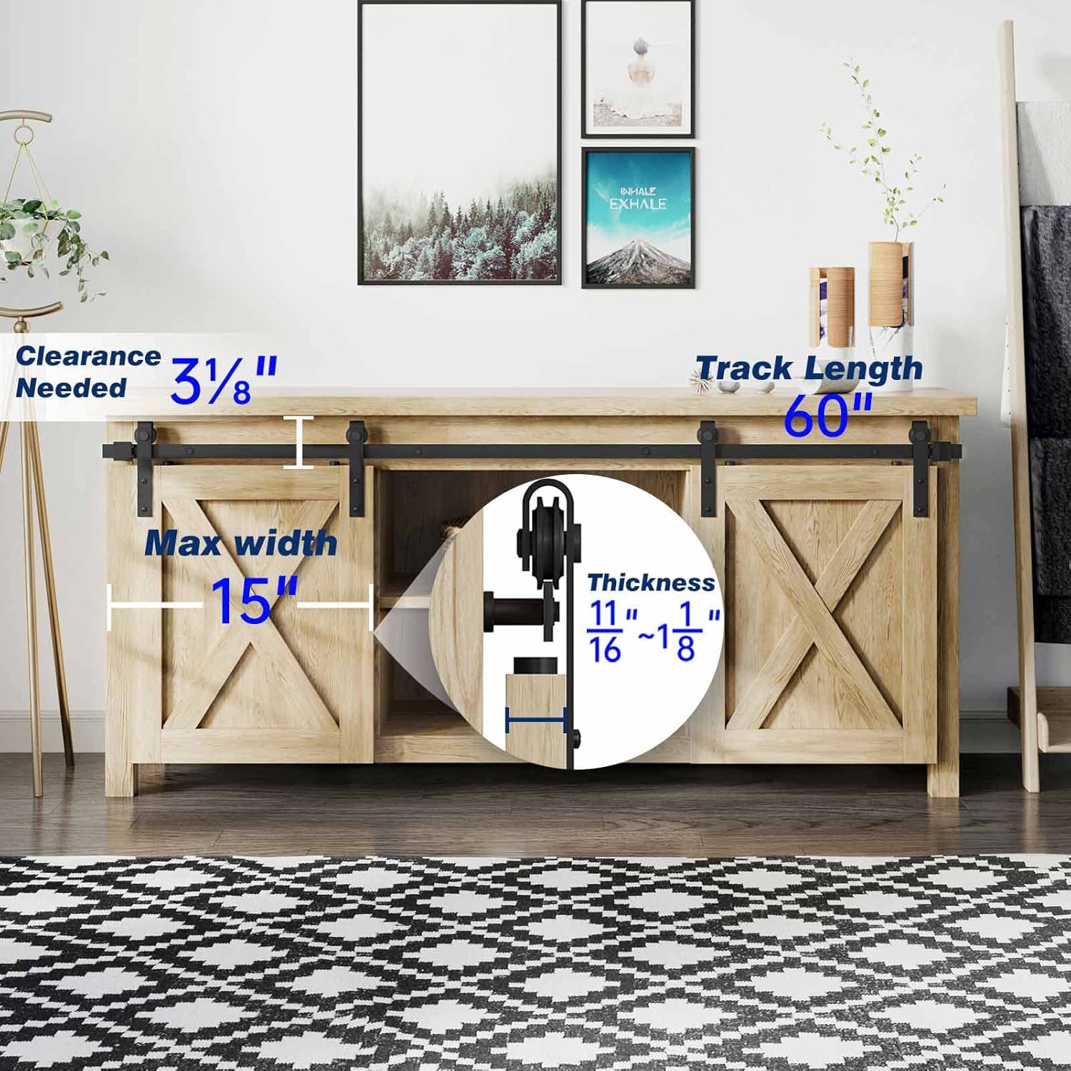 EaseLife 5 FT Cabinet Mini Sliding Double Barn Door Hardware Track Kit,Easy Install,Slide Smoothly Quietly,Apply for Storage Window TV Stand and Other Shielding (No Cabinet)
