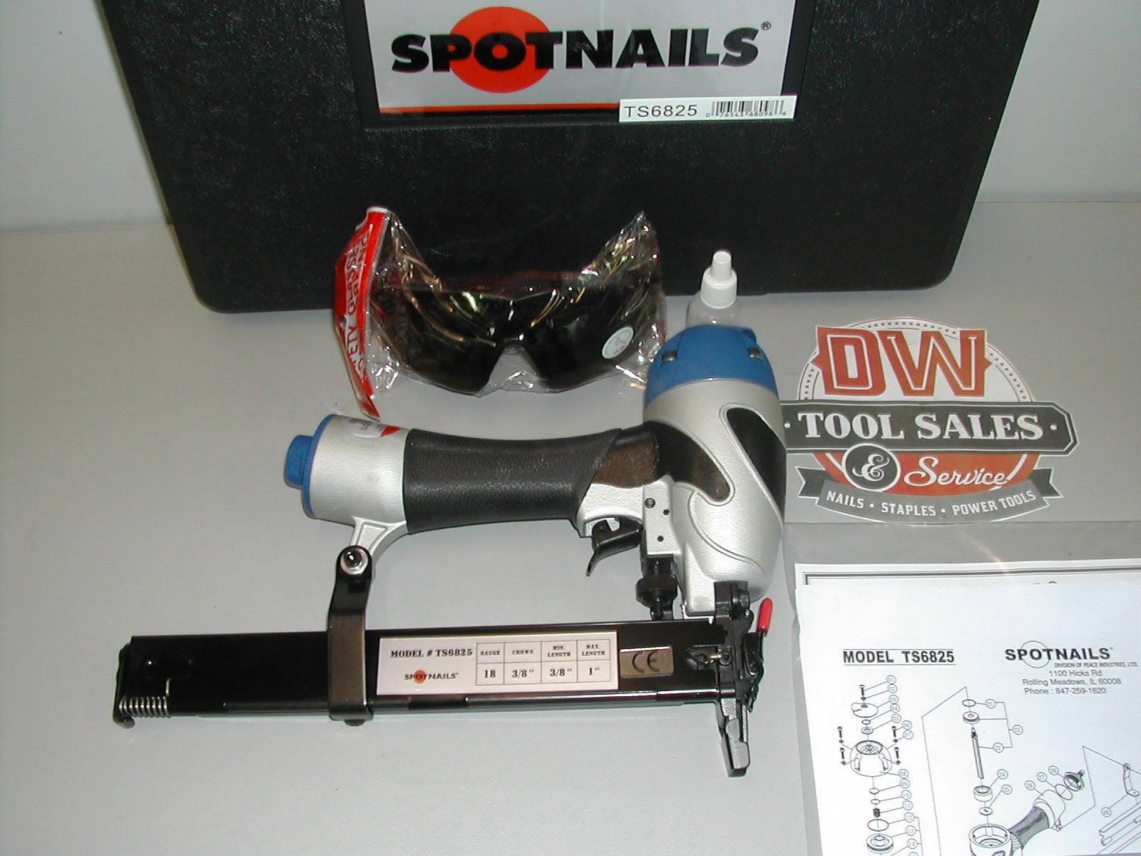 Spotnails TS6825 Med Crown Stapler 18-ga w/Case u0026 Safety Glasses