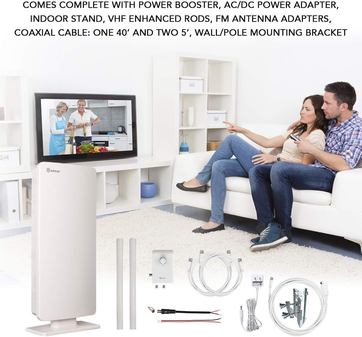 Antop at-800SBS HDTV/ Fm Amplified Antenna with Noise-Free 4G LTE Filter & Smart Boost System for Dual Connectivity, Support TV and A Second Device (Renewed)