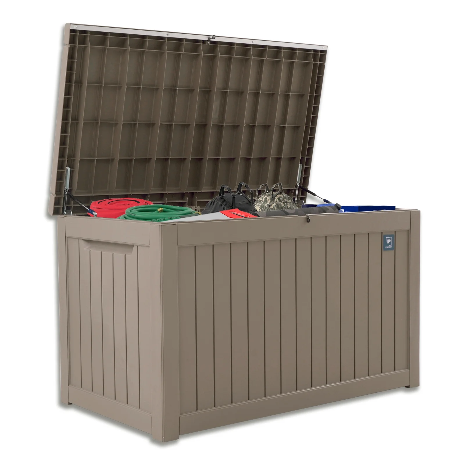 Plainsity 230 Gallon Large Deck Box, Resin Outdoor Storage Box Waterproof Lockable Container for Backyard Cushion, Patio Furniture, Toys, Pool Accessories, Garden Tools and Equipment Light Brown - Curated Treasures Market