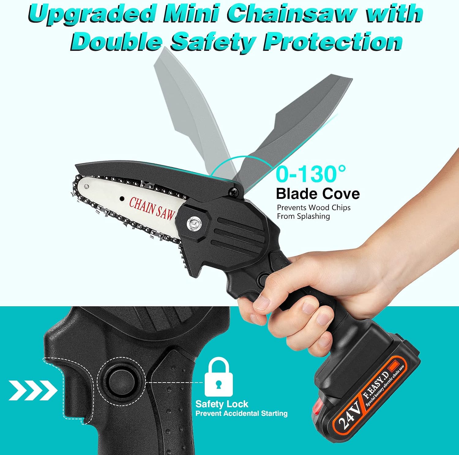 Mini Chainsaw Cordless Upgrade with 3 Chain 24V Strong Power 2 Batteries and Charger, OneLeaf Portable Handheld Battery Chainsaw , Small One-Handed for Gardening Pruning, Tree Trimming Pack of 2