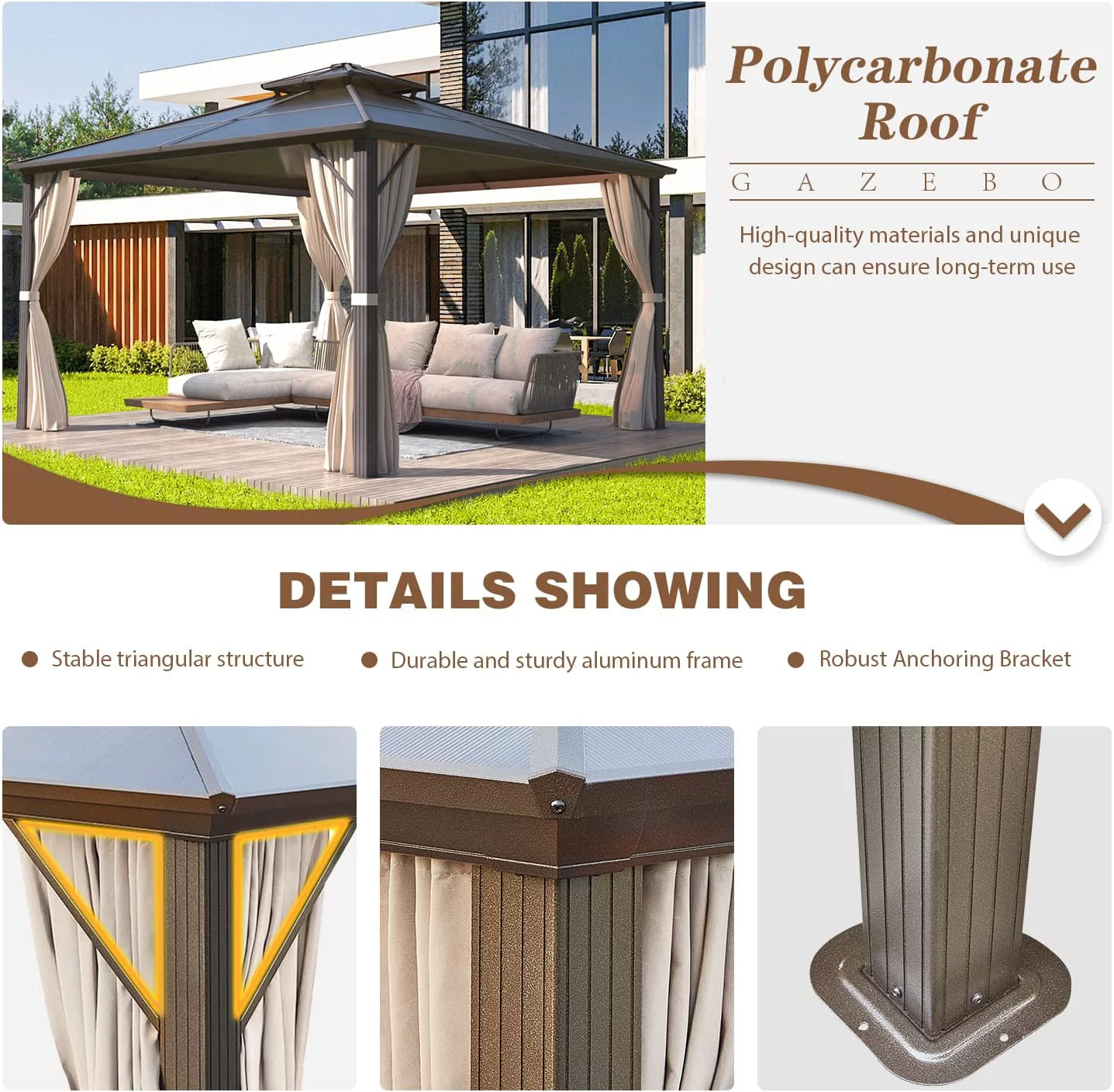 Hommow 10' x 13' Outdoor Hardtop Gazebo, Sun Roof Patio Gazebo with Aluminum Frame
