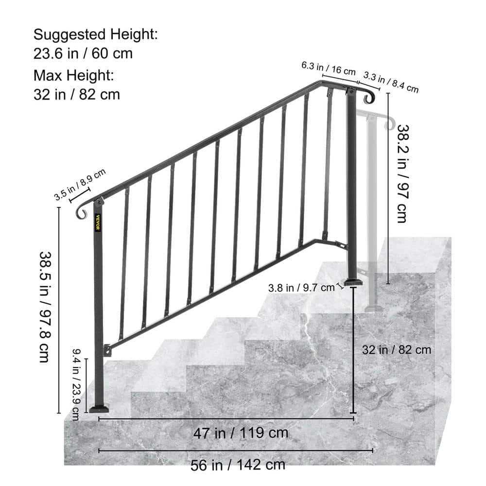 VEVOR Handrails for Outdoor Steps Fit or 4 Steps Outdoor Stair Railing Wrought Iron Handrail with baluster - Shop Hardware Tools Online Store