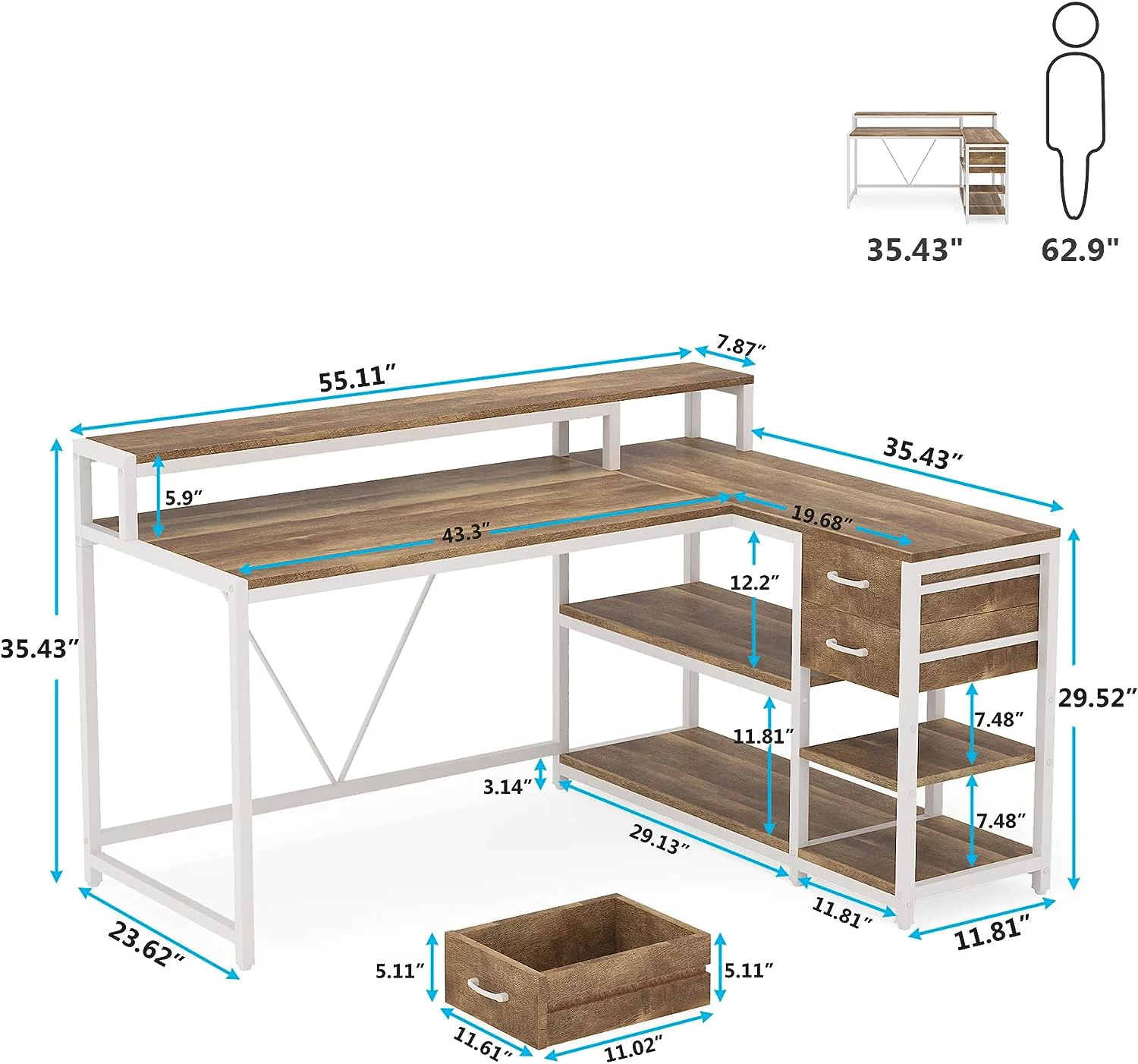 Tribesigns L Shaped Desk with Drawer, Corner Desk Home Office Table with Storage Shelves and Monitor Stand, Rustic Wooden and Metal PC Desk for Small Space
