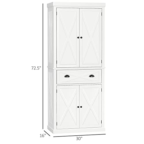 HOMCOM 72" Kitchen Pantry Storage Cabinet, Traditional Freestanding Cupboard with 4 Doors and 3 Adjustable Shelves, Large Central Drawer, X-Frame, White