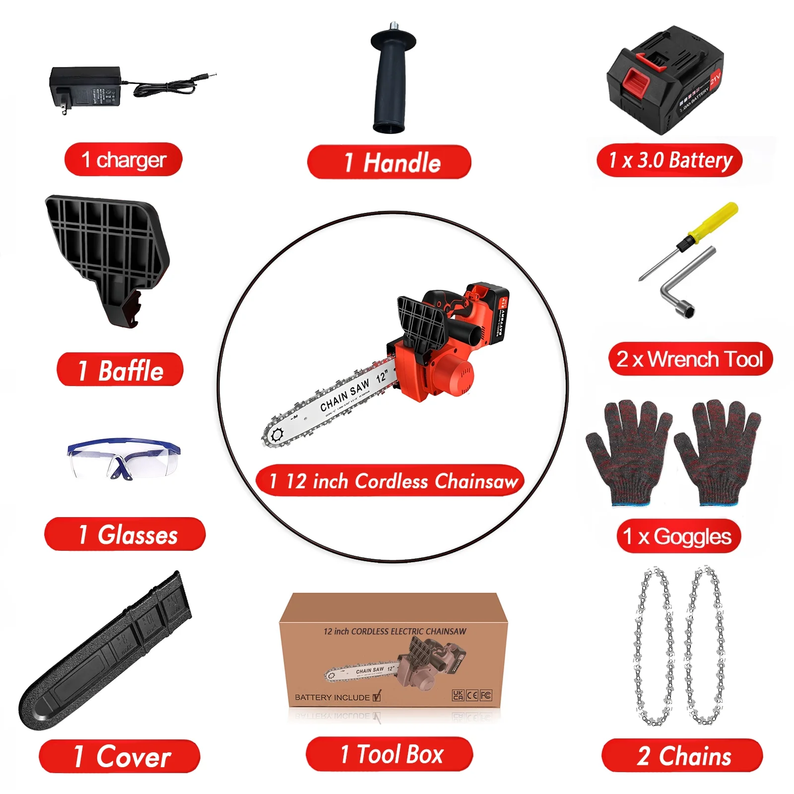 Tanbaby 12 Cordless Chainsaw, 900W Brushless Motor Battery Operated Chain Saw with 21V Rechargeable 3.0Ah Battery and Charger for Wood Cutting, Tree Trimming