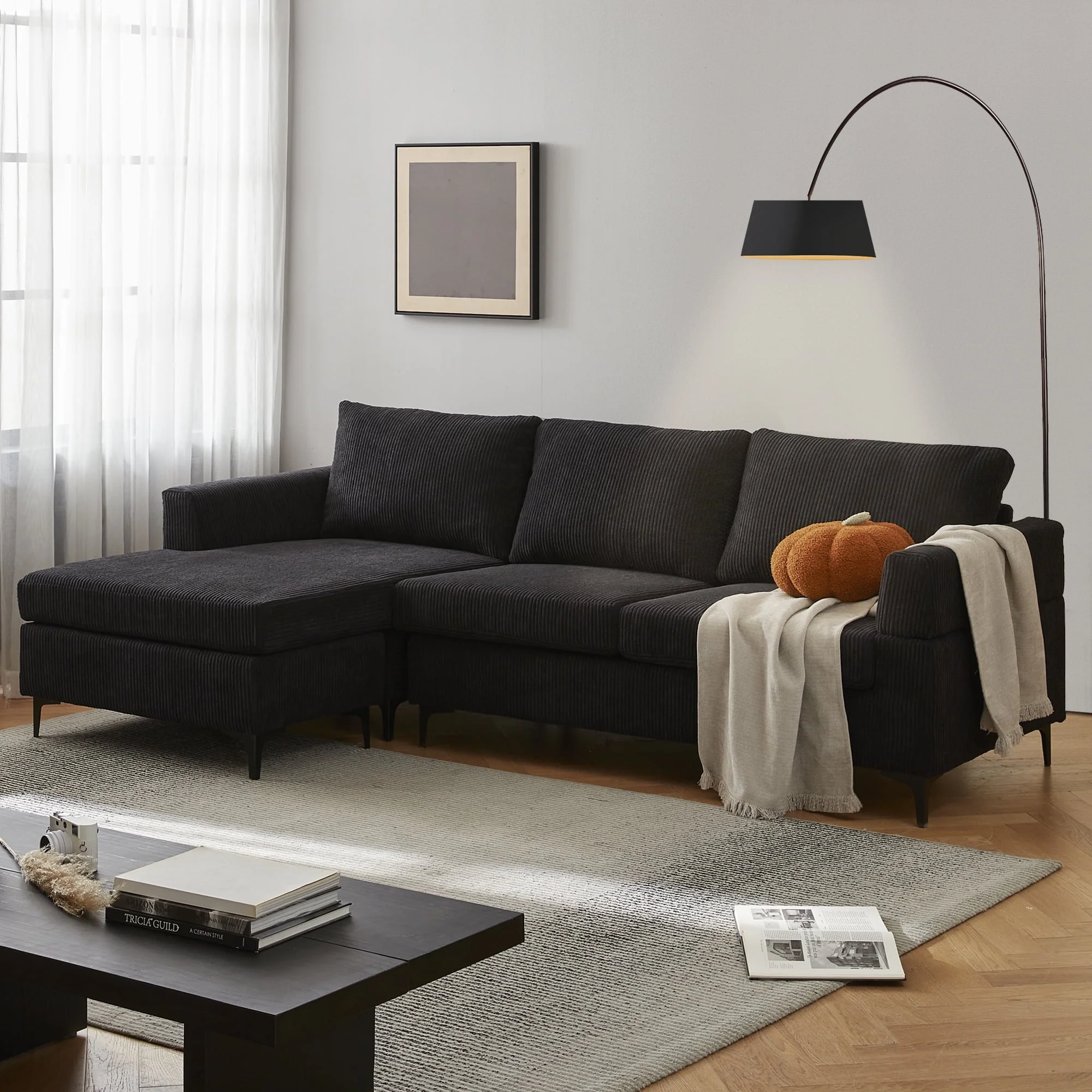HOOOWOOO 96" 3-Seat Sectional Sofa Couch with Chaise for Living Room Office,Small L-Shape Corduroy Sofas Modern Convertible Sofa Couch-Black