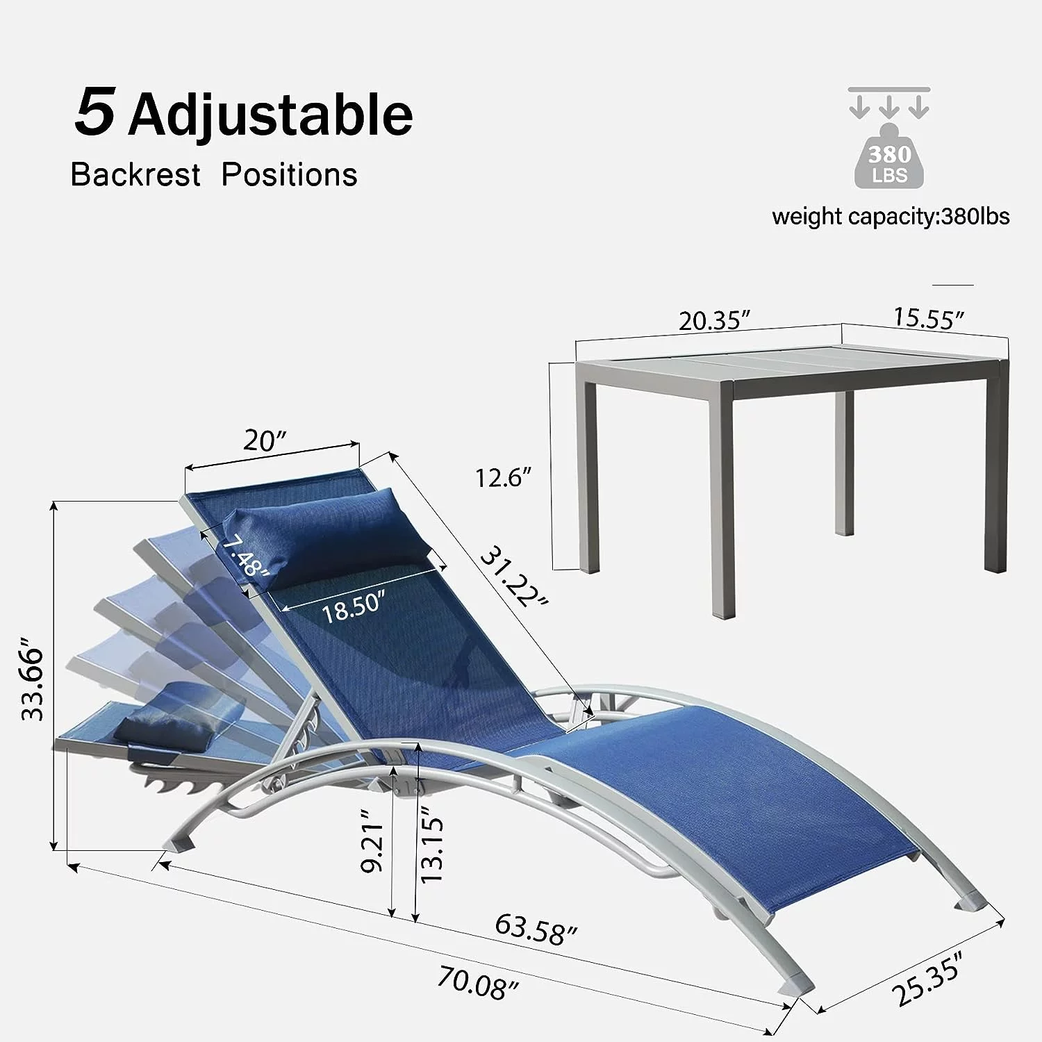 Domi Lounge Chair Set of 3, Aluminum Lounge Chairs for Outside with 5 Adjustable Positions, Chaise Lounge Outdoor for Pool, Garden, Beach, 2 Pool Chairs and 1 Side Table(Blue)