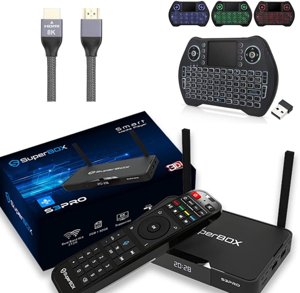 2022 Newest Superbox S3 pro 2G RAM 32G ROM with Backlit Keyboard,Voice Command Remote and 8K HDMI Cable