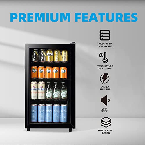 WANAI Mini Fridge Cooler Beverage Refrigerator Glass Door Beverage Cooler for Beers Wine Juicer Cooler Adjustable Shelves LED Lights for Home, Office or Bar