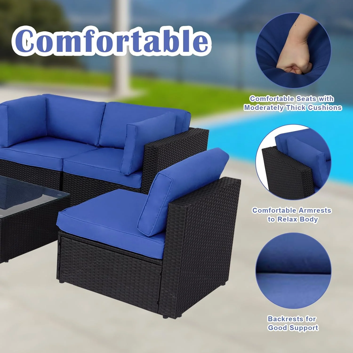 Kinbor 7pcs Outdoor Patio Furniture Pe Rattan Wicker Rattan Sofa Sectional Set with Dark Blue Cushions