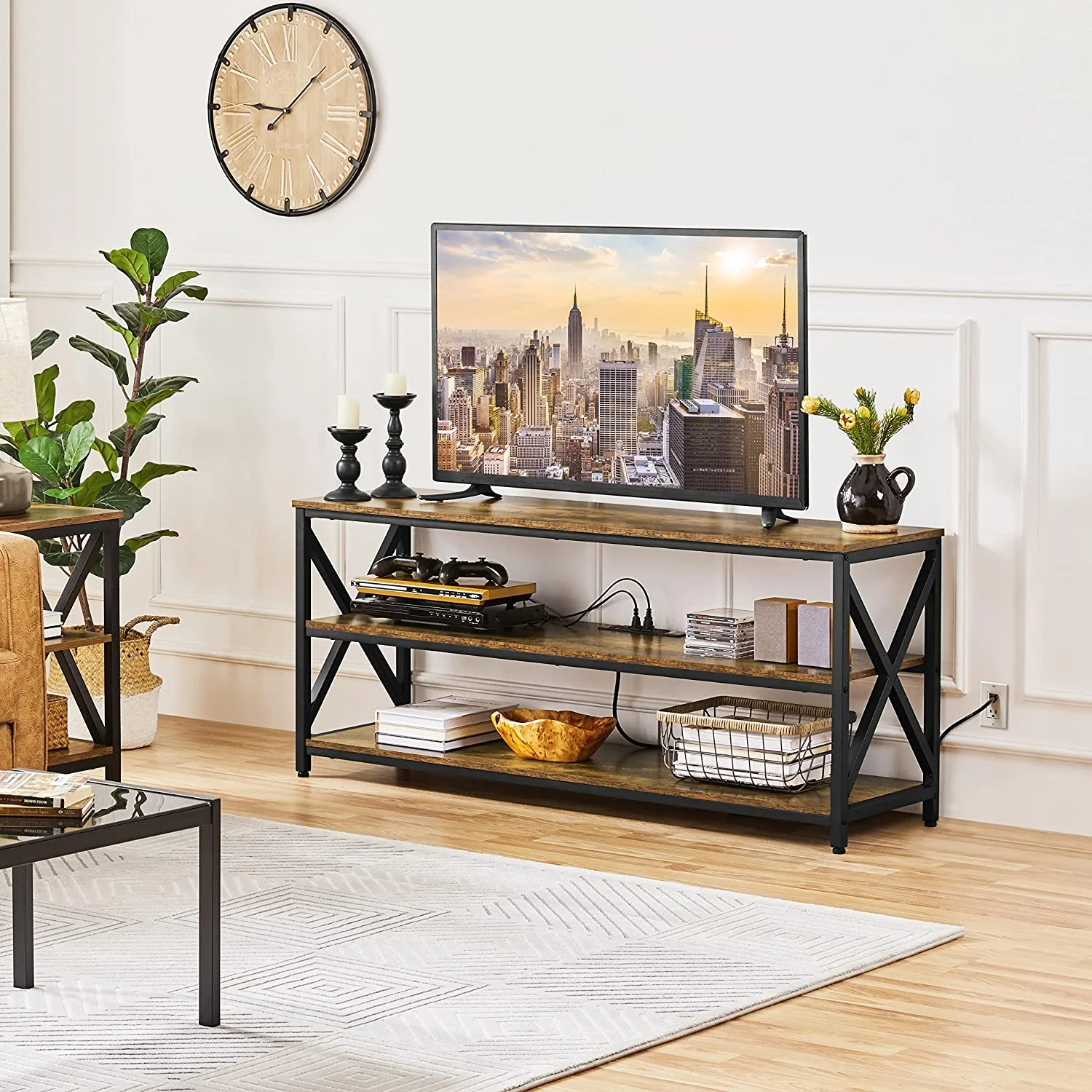 TV Stand for TV up to 65 inch, Industrial TV Cabinet with Power Outlets for Living Room, Media Entertainment Center TV Console with 3 Tier Storage Shelves & Charging Station, Rustic Brown